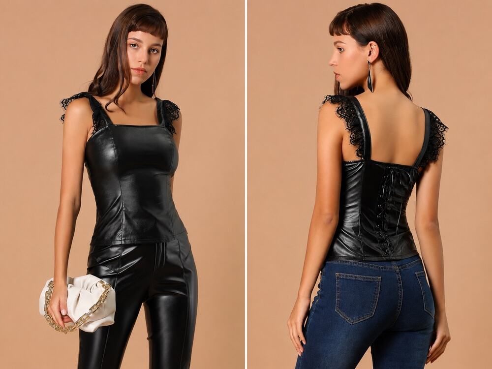 Allegra K Faux Leather Corset Top Medium NWT Black Lace Trim Goth Y2K